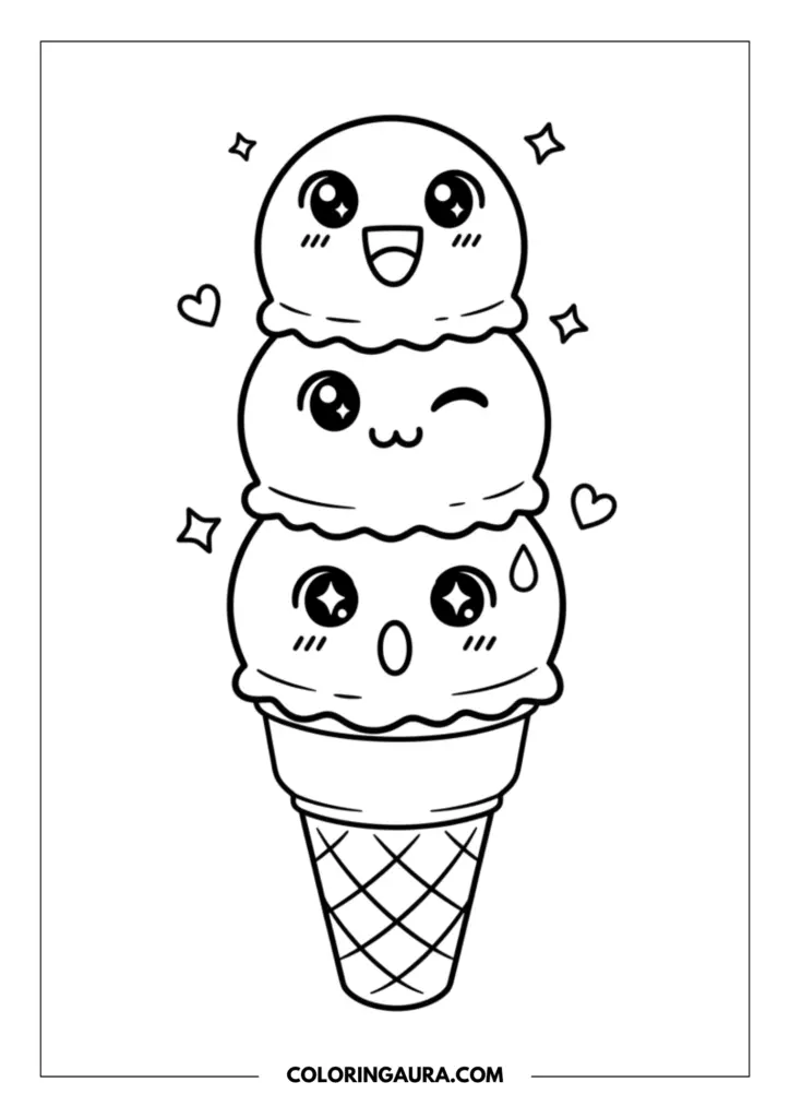 Outline of a tall, dreamy ice cream cone featuring three adorable scoops. Each kawaii scoop displays a playful expression—laughing, winking, and softly surprised—with big sparkling eyes, surrounded by cute floating hearts and stars.