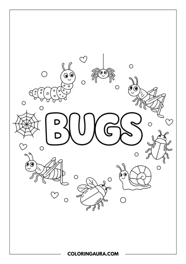 Outline of a delightful bugs doodle collage. The word "BUGS" rests in the center in bold bubble letters, surrounded by cute line art of a smiling caterpillar, a dangling spider, a happy grasshopper, a ladybug, a sweet snail, and a flying beetle.