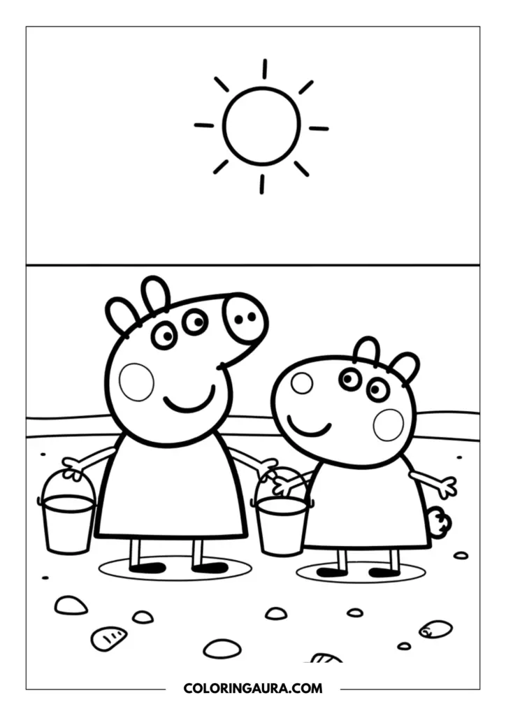 Outline of Peppa Pig and Suzy Sheep standing on a sandy beach holding buckets under a smiling summer sun and a clear horizon line.