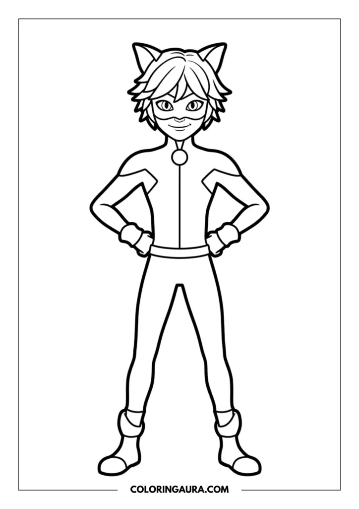 Line art coloring page showing Cat Noir standing heroically with his hands on his hips, featuring his signature cat ears, mask, and bell collar.