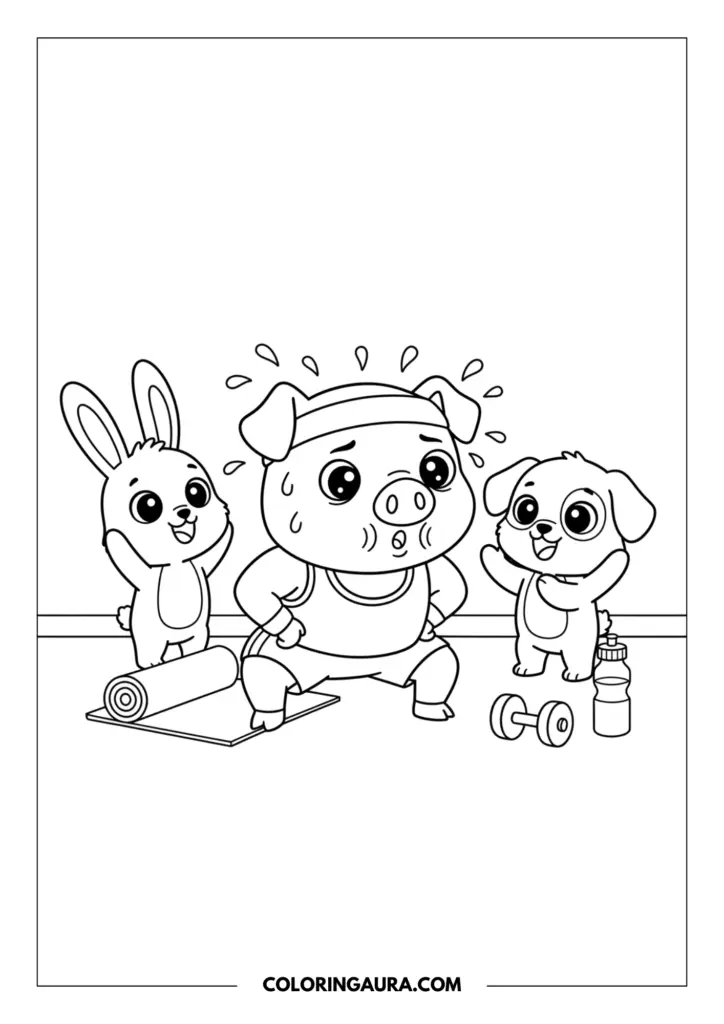 Outline of a cute cartoon pig sweating hard while doing a tough squat exercise, supported by an enthusiastically cheering bunny and puppy with their arms raised. The hardworking pig wears a workout outfit and headband, surrounded by a yoga mat, weights, and a water bottle.
