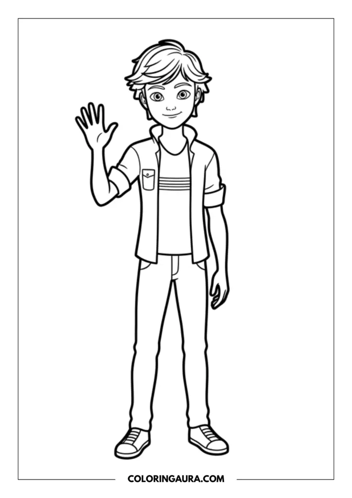 Line art coloring page showing Adrien Agreste waving hello, wearing his casual outfit of a striped t-shirt and open jacket with a friendly smile.