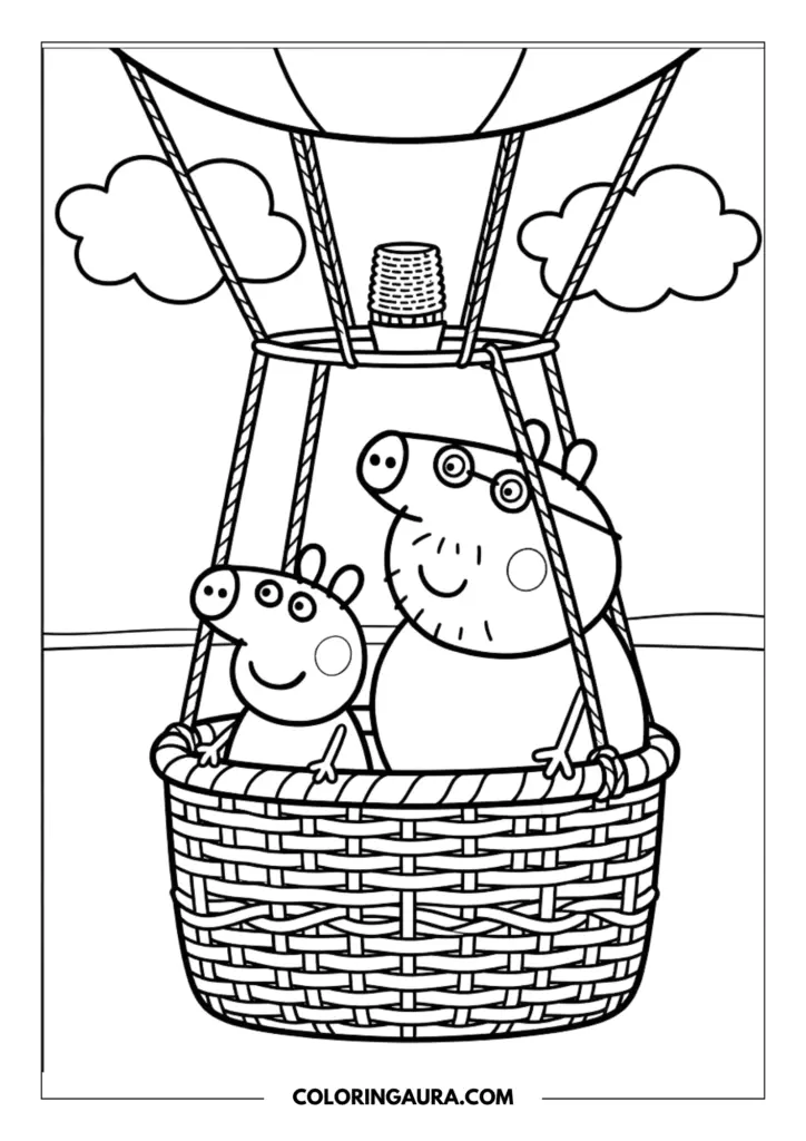 Outline of Peppa Pig and Daddy Pig floating high in a woven hot air balloon basket with fluffy clouds and a calm horizon in the distance.
