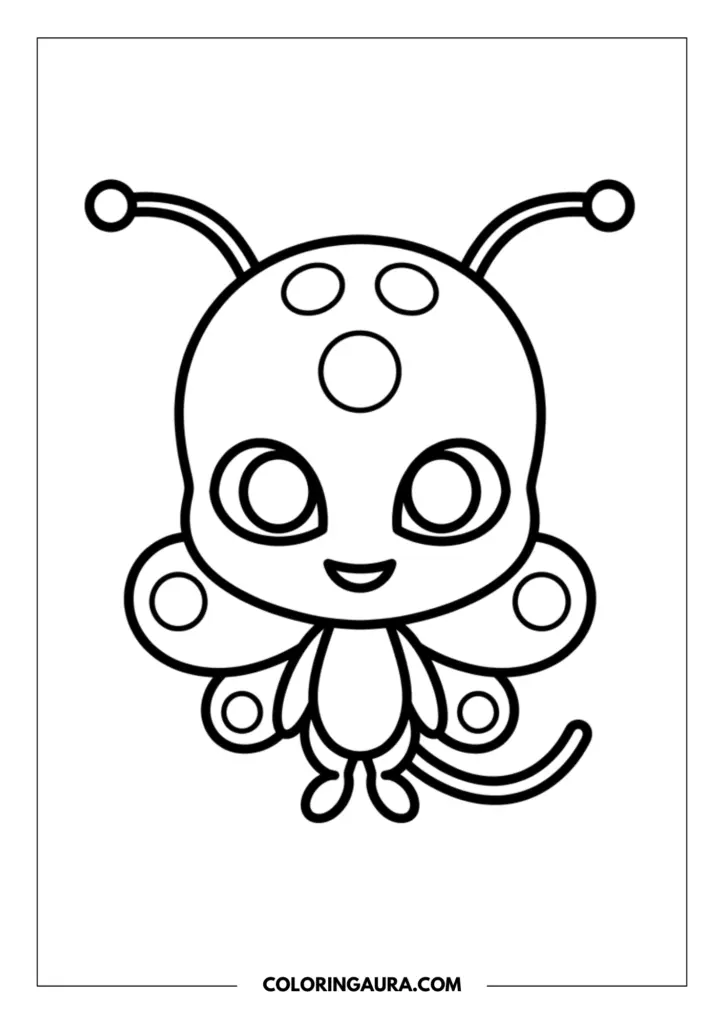 Outline of Tikki the Kwami floating happily with her large expressive eyes, small spots, and delicate antennae against a clean background.