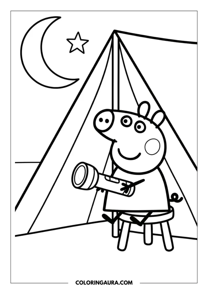 Line art coloring page showing George Pig sitting inside a simple triangular tent holding a flashlight under a peaceful crescent moon and a bright star.