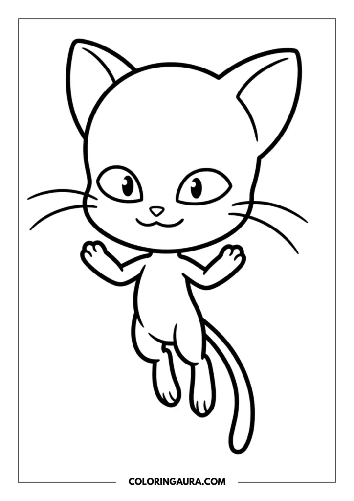 Line art coloring page showing Plagg the cat Kwami floating in the air, featuring his long tail, cat ears, and thin whiskers.
