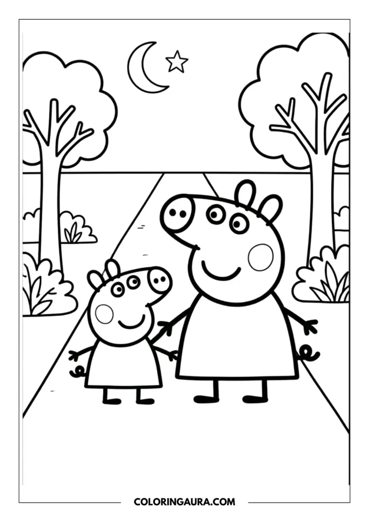 Line art coloring page showing Mummy Pig and Peppa Pig holding hands while walking along a forest path under a night sky with a crescent moon and trees.
