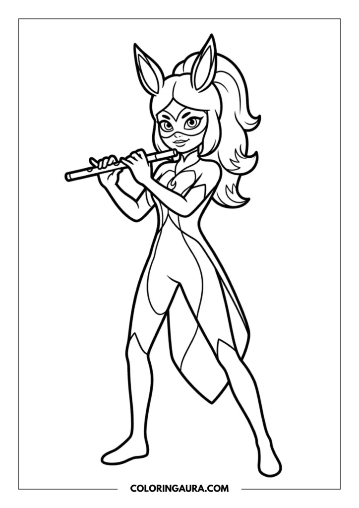 Outline of Rena Rouge playing her magical flute, wearing her fox-inspired superhero costume with long ears and a high ponytail.