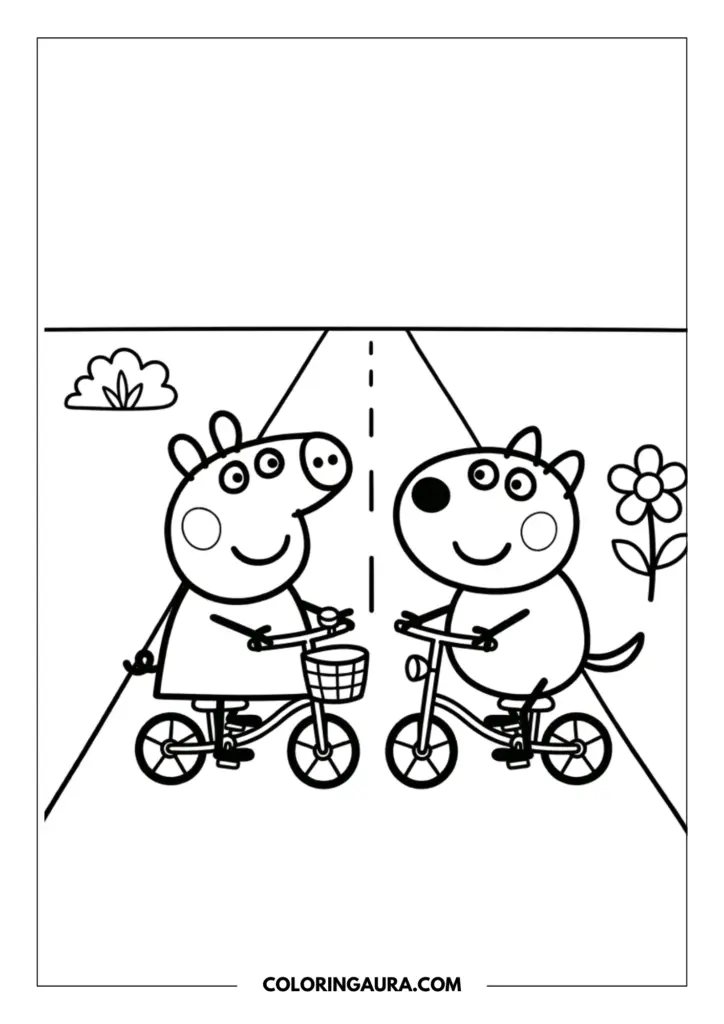 Line art coloring page showing Peppa Pig and Danny Dog riding their bicycles along a straight road with a simple flower and bush in the background.