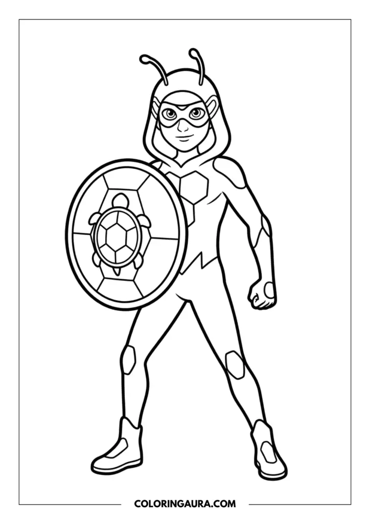 Outline of Carapace in his hooded turtle superhero suit holding a large circular shield decorated with a detailed turtle shell pattern.