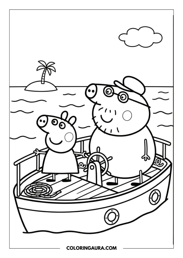 Outline of Peppa Pig and Grandpa Pig sailing on a small boat past a tiny tropical island with a single palm tree and a soft cloud.