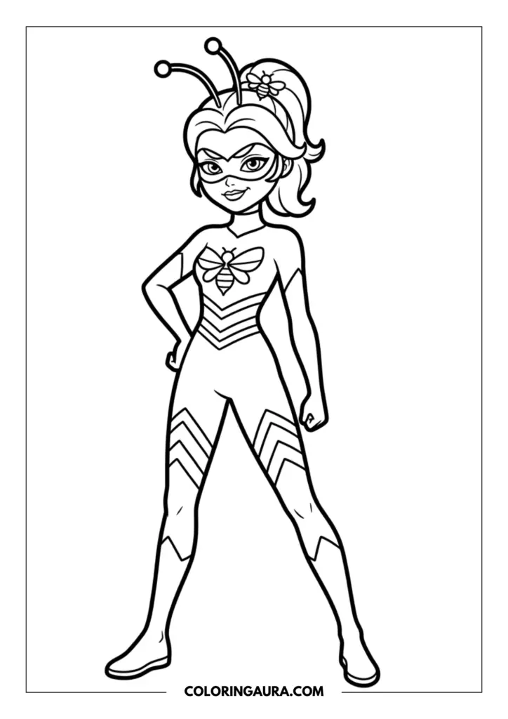 Line art coloring page showing Queen Bee in her striped superhero suit with antennae and a high ponytail, standing confidently with one hand on her hip.