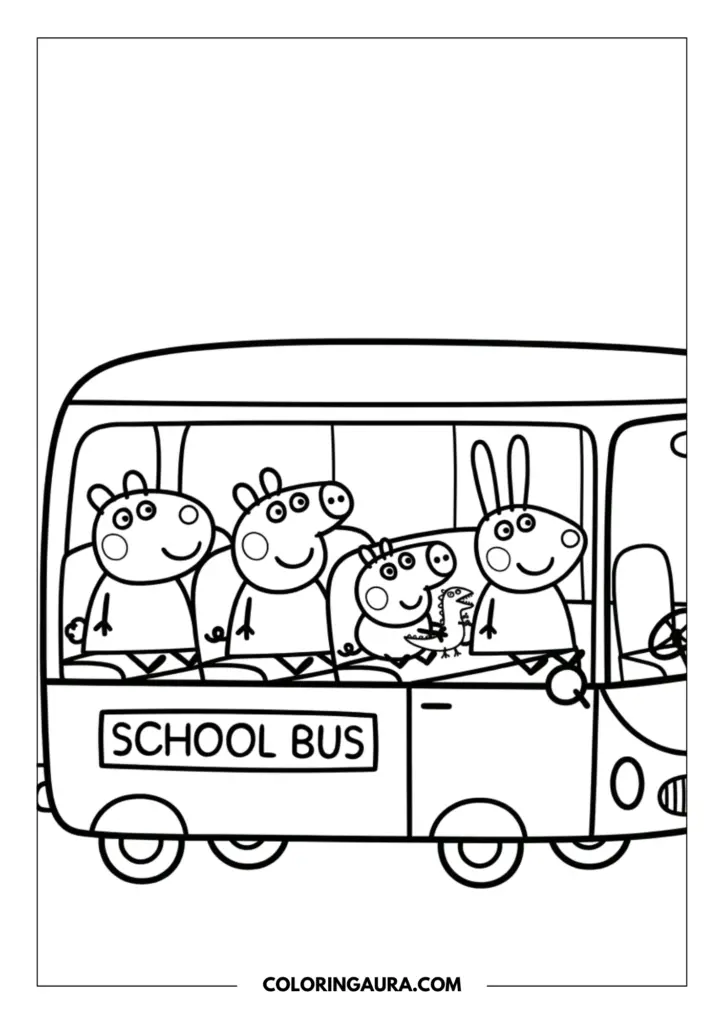 Line art coloring page showing Peppa Pig and her friends, including Rebecca Rabbit and George, smiling from the windows of a classic school bus.