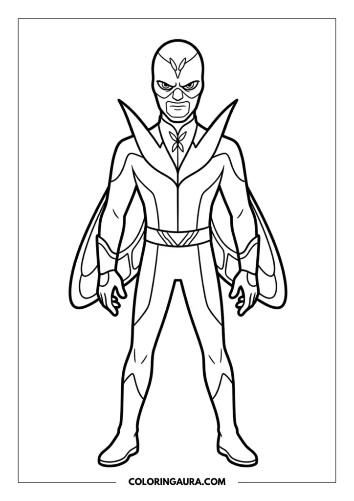 Line art coloring page showing the villain Hawk Moth in his formal suit with a butterfly collar, mask, and long wing-like cape.
