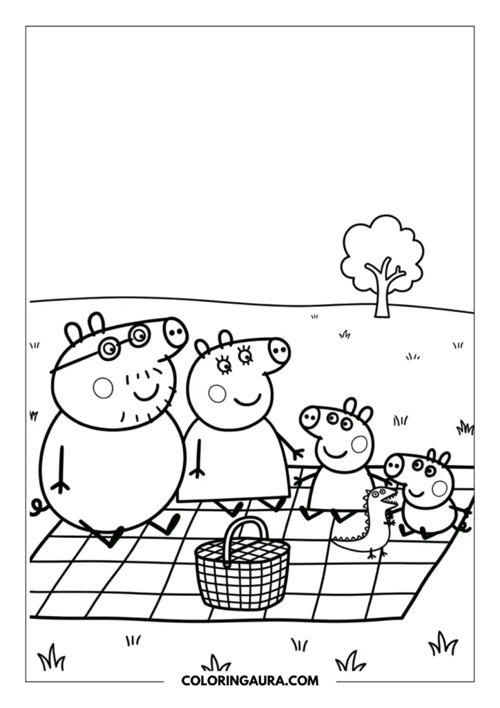Outline of Daddy Pig, Mummy Pig, Peppa, and George sitting on a checkered blanket for a peaceful family picnic in a grassy meadow with a single tree.