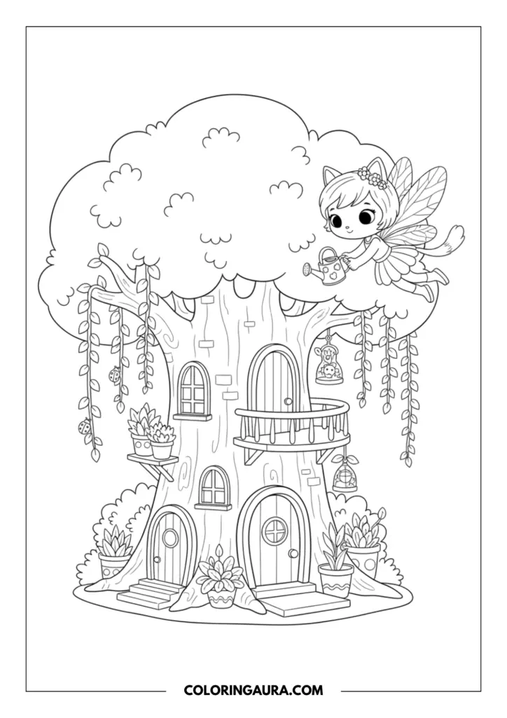 Line art coloring page showing Kitty Fairy from Gabby's Dollhouse hovering gracefully with a tiny watering can next to a magnificent, whimsical treehouse. The tree is detailed with hanging leafy vines, cute little round doors, and tiny potted plants waiting to be brought to life with color.