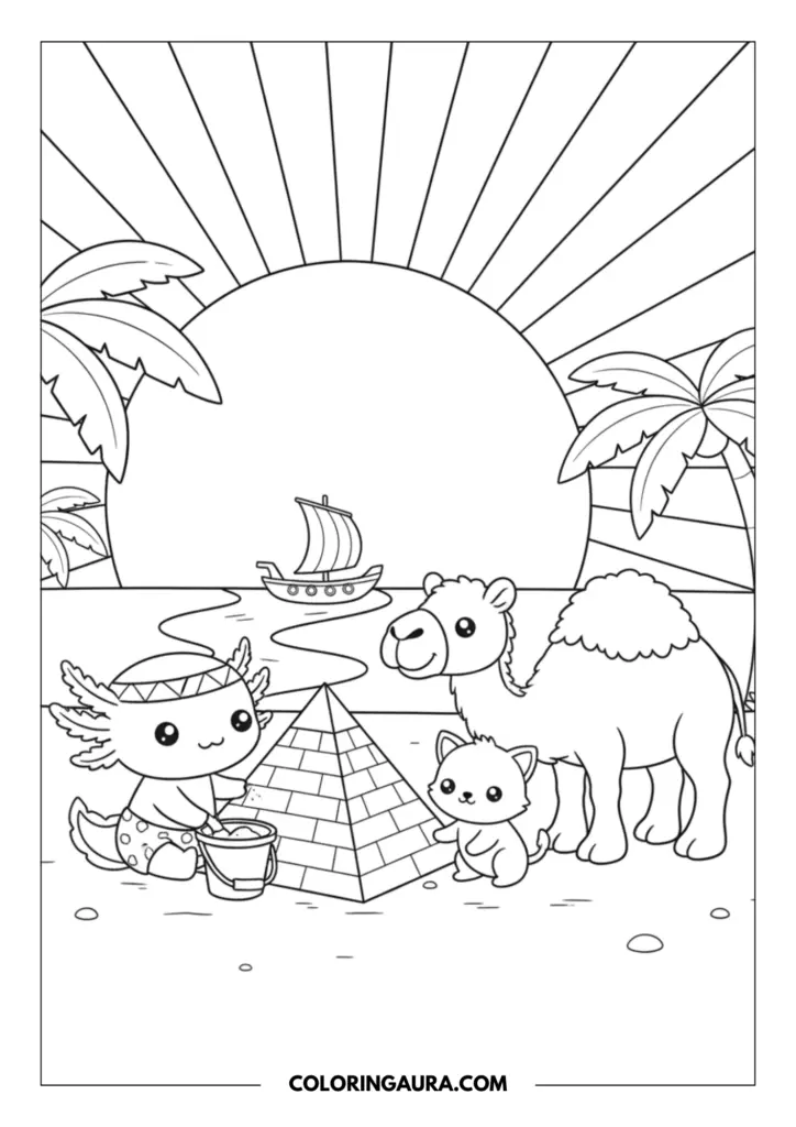 Line art coloring page showing a cute axolotl wearing a patterned headband, using a small bucket to build a sandcastle shaped like an Egyptian pyramid. An adorable baby camel and a tiny kitten stand happily beside them. The background features tall palm trees, a large setting sun with radiating beams, and a small sailboat floating on the water. Clean, thick outlines in a simple kawaii style.