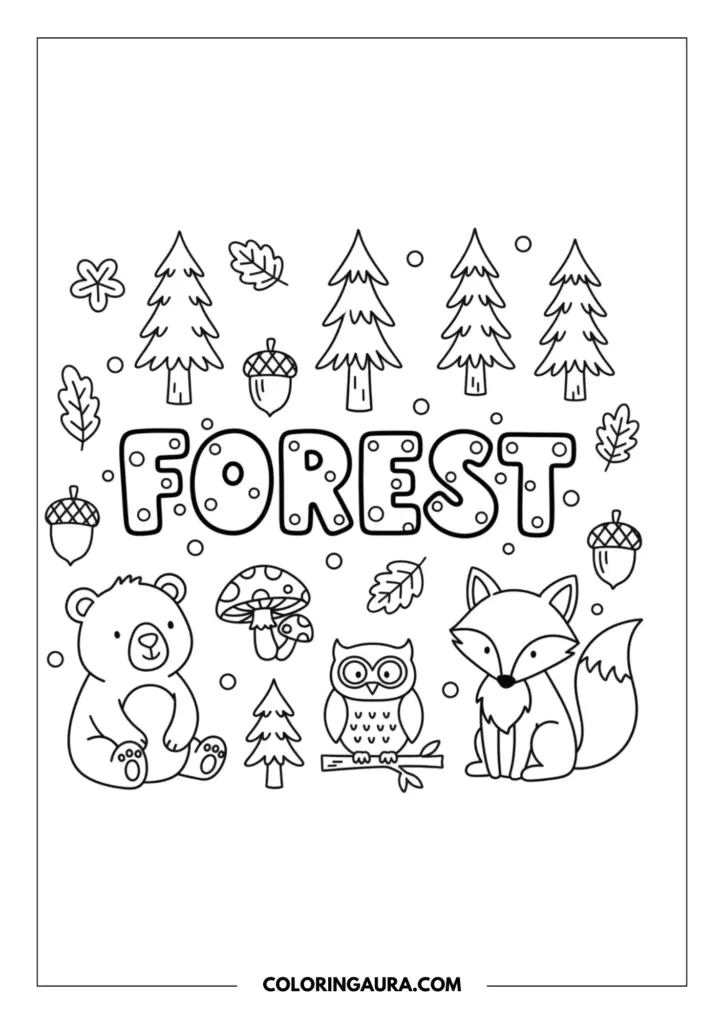 Outline of a magical woodland forest doodle collage coloring page. Centered is the word "FOREST" in big bubble letters, surrounded by cute line art of a chubby sitting bear, a sweet fox, a tiny owl on a branch, tall pine trees, toadstool mushrooms, acorns, and scattered autumn leaves.