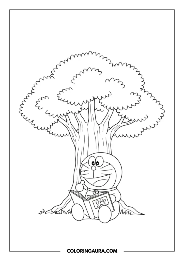 Line art coloring page showing Doraemon sitting peacefully under a large, leafy tree reading a sweet storybook. Dreamy, simple vector style outlines, pure white background.