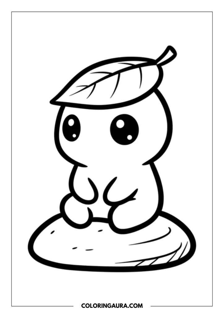 Line art coloring page showing a tiny, round forest sprite sitting peacefully on a smooth garden stone, wearing a single detailed leaf as a hat.
