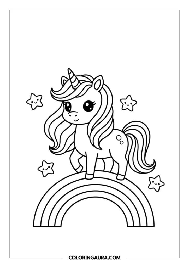 Outline of a sweet kawaii unicorn standing proudly on top of a simple curved rainbow, surrounded by four smiling little stars.