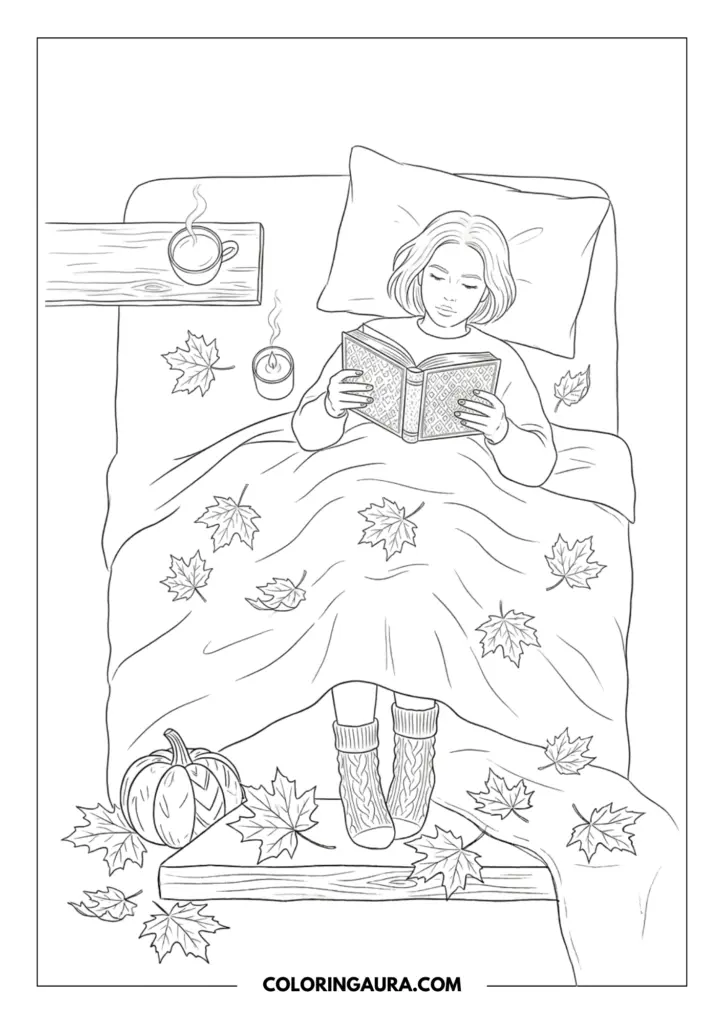 Line art coloring page showing a girl peacefully reading a book in bed under a blanket covered in maple leaves, with a warm candle and coffee on a tray.