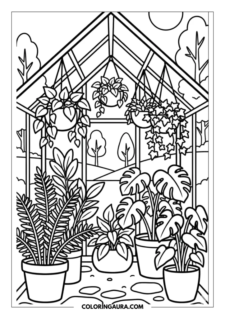 Line art coloring page showing the inside of a glass greenhouse filled with large monstera leaves, ferns, and hanging potted plants with a bold sun in the background.