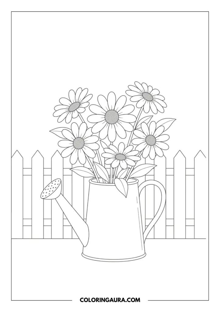 Line art coloring page showing a rustic metal watering can overflowing with a bouquet of large-petal daisies and leaves, situated in front of a simple wooden picket fence.