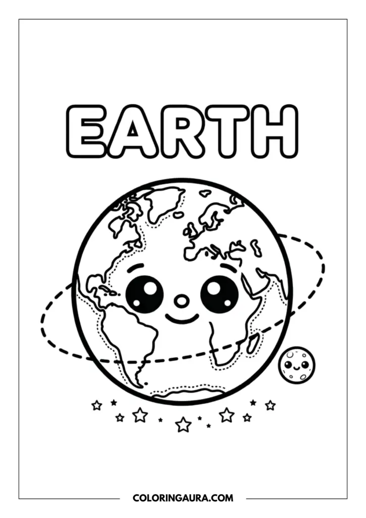 Outline of a kawaii Earth planet with large, sparkling eyes and a joyful expression, showing simplified continents and a tiny, smiling moon orbiting nearby.