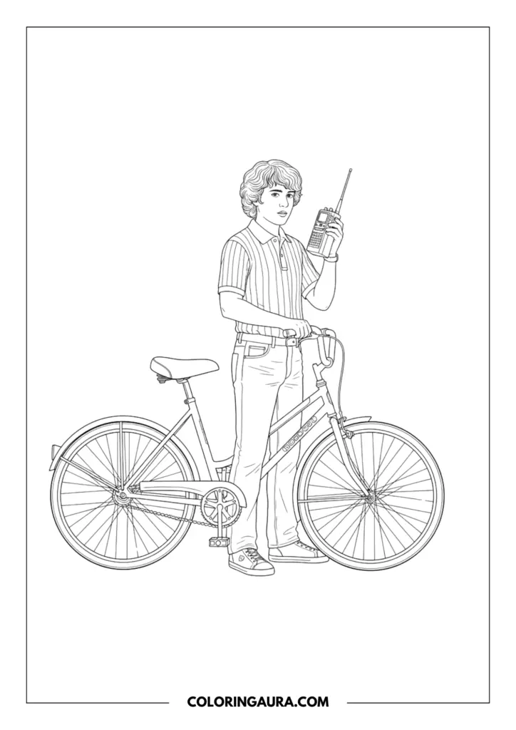 Line art coloring page showing Mike Wheeler from Stranger Things standing next to his classic vintage bicycle. He is wearing a striped polo shirt and holding a retro brick-style walkie-talkie up in his hand, drawn in crisp, black-and-white vector style.