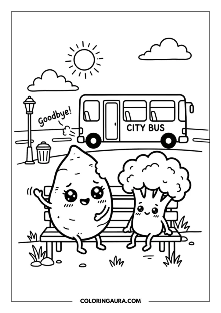 Line art coloring page showing a cute sweet potato with big sparkly kawaii eyes, waving goodbye from a bench to a broccoli friend. A city bus is passing behind them, with a lamppost and "goodbye!" text.
