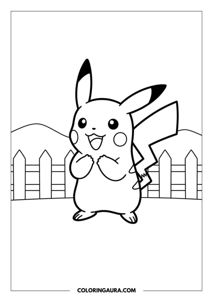 Line art coloring page showing a happy Pikachu standing in front of a wooden picket fence with rolling hills and a clear sky in the background.