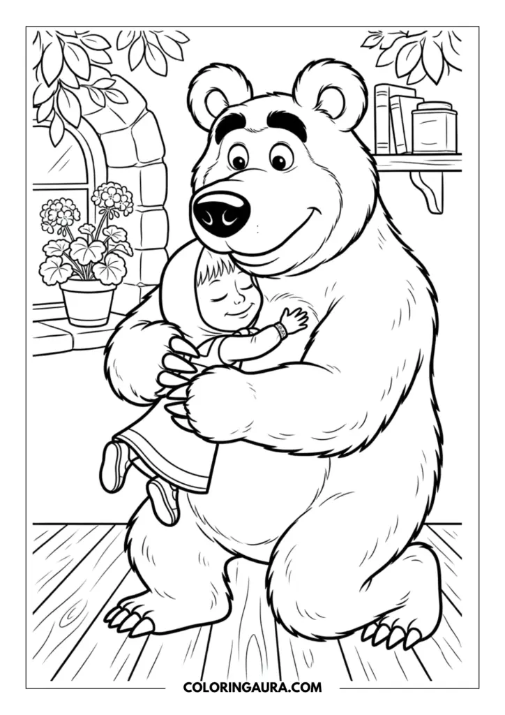 Outline of a large, gentle bear giving a warm hug to Masha. Masha is wearing her signature headscarf and jumper, smiling with her eyes closed in a cozy indoor setting with flowers.