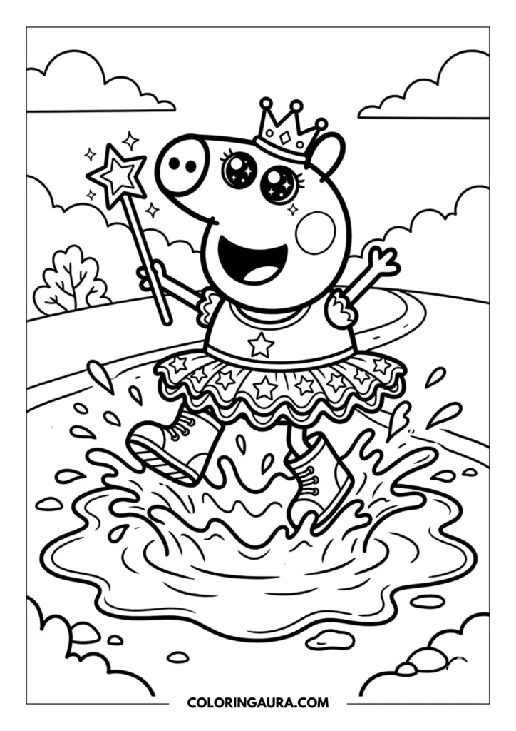 Line art coloring page showing Peppa Pig as a fairy princess with a crown and wand jumping into a puddle while wearing a star-patterned tutu.