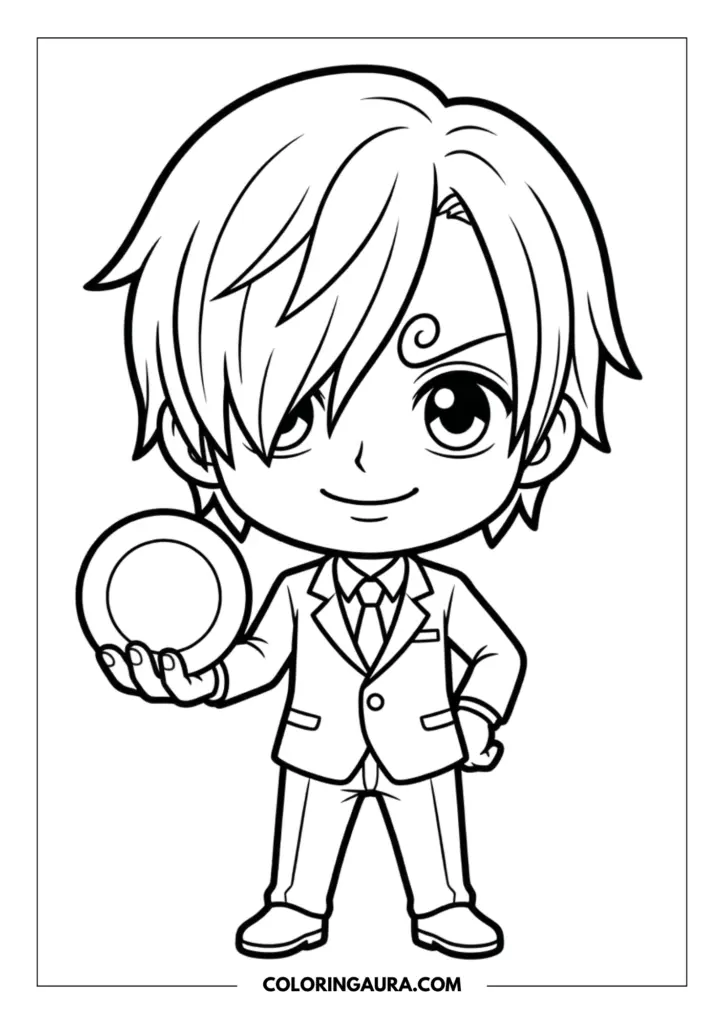 Line art coloring page showing a charming chibi Sanji dressed in a formal suit and tie, with swooping hair and a small smile, holding up a round plate.