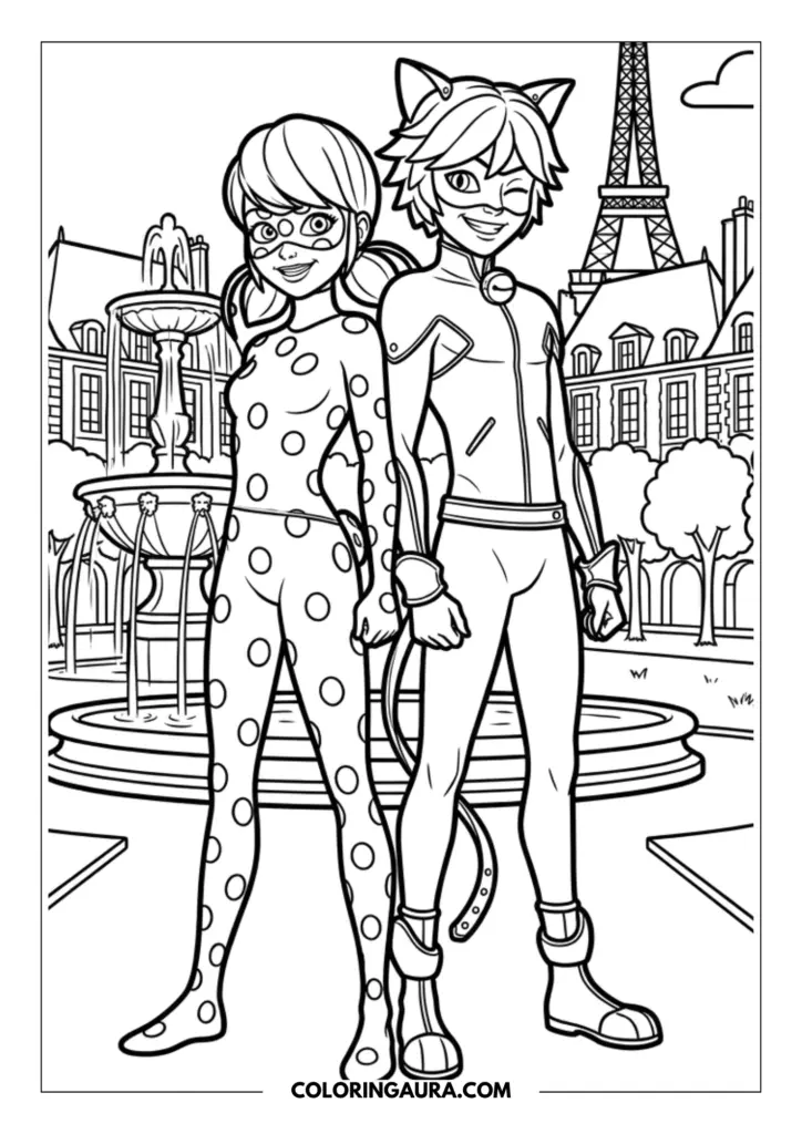 Outline of Ladybug and Cat Noir standing side-by-side near a grand fountain in a Parisian square, with classic architecture and the Eiffel Tower in the distance.