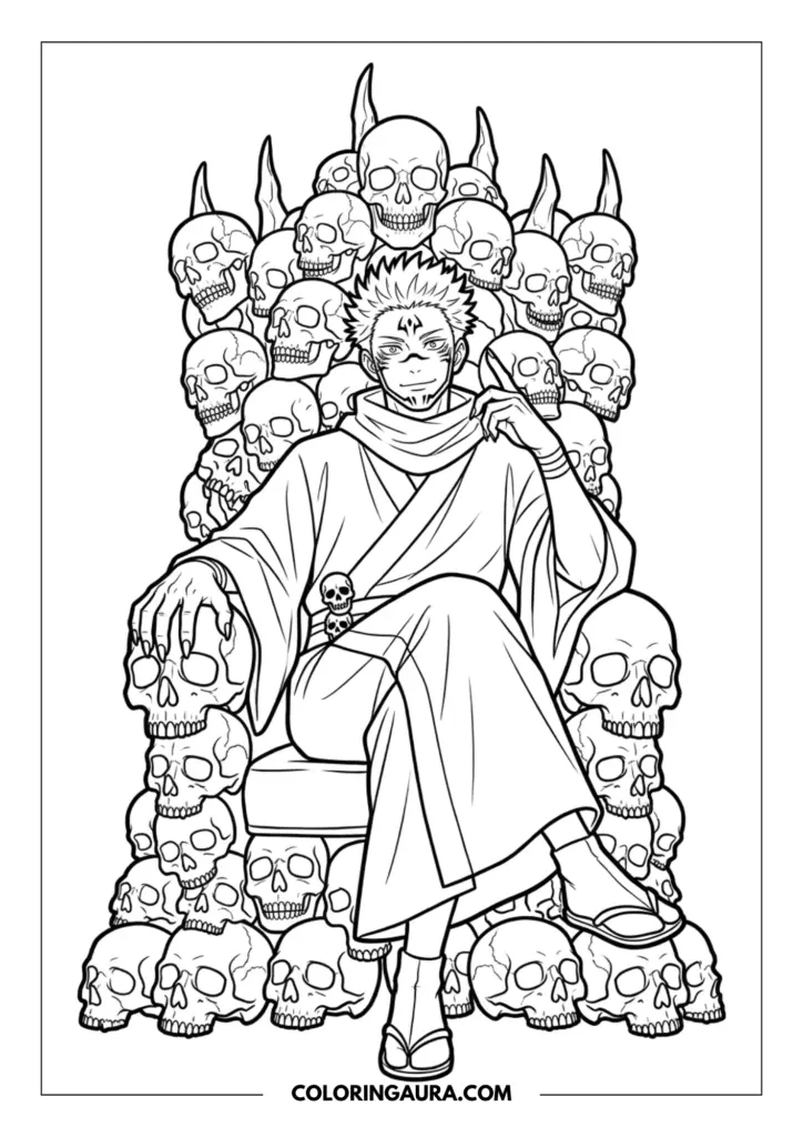 Line art coloring page showing Ryomen Sukuna sitting regally on a massive throne made of human skulls, wearing a traditional kimono with a confident smirk.
