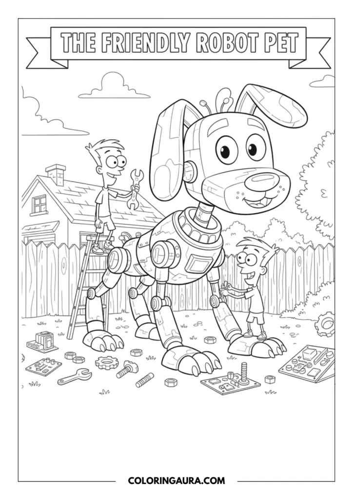 Outline of two inventive brothers working together in their backyard to build a massive, friendly robot dog, holding a wrench and surrounded by scattered gears, bolts, and mechanical parts waiting to find their place.