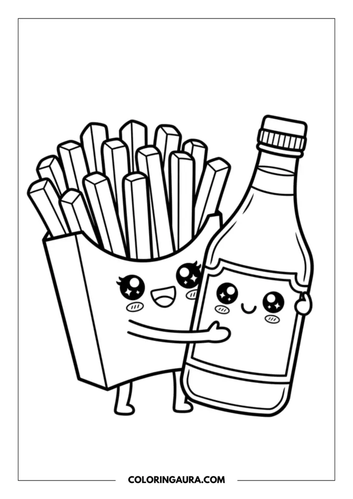 Line art coloring page showing a cute kawaii carton of french fries giving a big, warm hug to a happy ketchup bottle. Both characters have tiny little legs, cute arms, big sparkling eyes, and joyful smiling faces. Clean black and white outlines, ready for creative coloring.