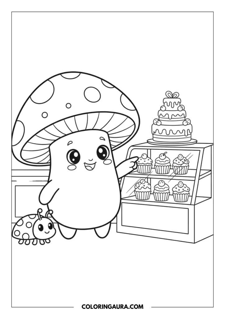 Outline of a cute mushroom character with big sparkle eyes standing in a bakery shop, pointing joyfully at a display case full of cupcakes, with a tiered cake on top and a tiny ladybug friend nearby.