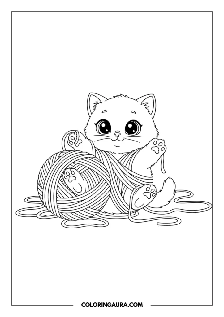 Line art coloring page showing an incredibly cute kitten playfully tangled up in a giant ball of unwound yarn. The kitten has big, expressive eyes, and its tiny paws are poking out of the string in a fun, simple cartoon style.