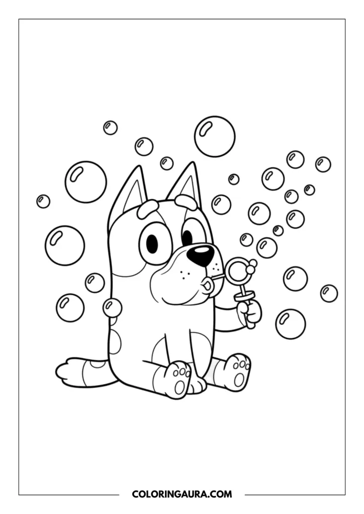 Line art coloring page showing Winton the adorable bulldog pup sitting down and peacefully blowing floating round bubbles from a little wand. The serene image is designed with bold, clean lines and no shading to let your imagination wander.