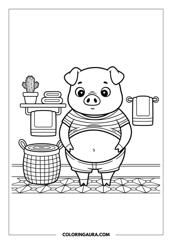 Outline of a cute cartoon pig standing in a bathroom, looking down at its round, exposed belly. The pig is wearing a striped shirt pulled up and shorts, standing on a geometric tile floor near a woven laundry basket, folded towels, and a small potted cactus.