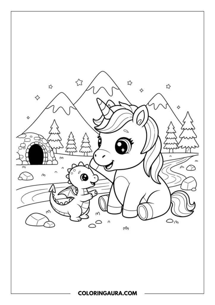 Outline of a cute unicorn with big sparkly eyes sitting playfully with a tiny baby dragon. The inspiring background includes majestic mountains, a cozy cave, a winding stream, and pine trees, designed in clean, easy-to-color line art.