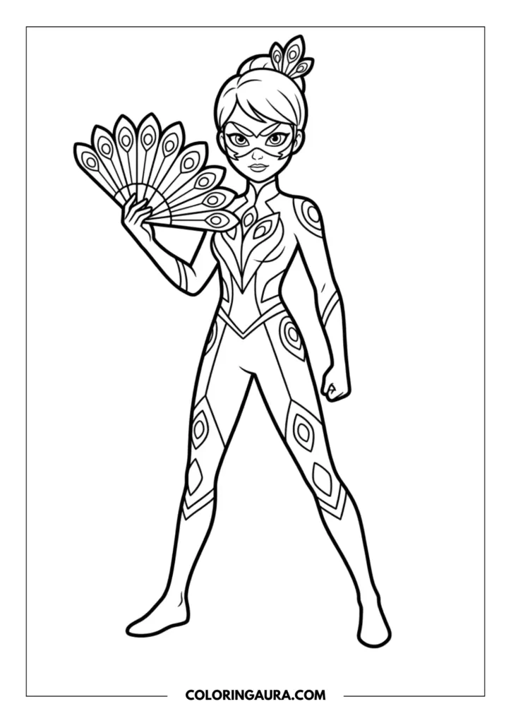 Outline of Mayura in her peacock-themed superhero suit holding a wide fan made of elegant peacock feathers.