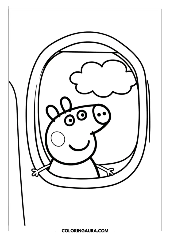 Line art coloring page showing Peppa Pig looking out of a round airplane window at a soft, fluffy cloud during a high-flying adventure.
