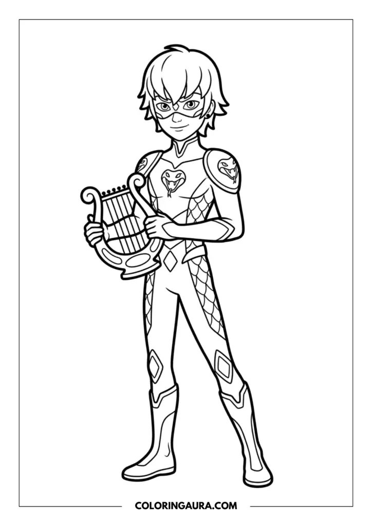 Line art coloring page showing Viperion in his snake-patterned suit holding a musical lyre, standing in a heroic ready position.