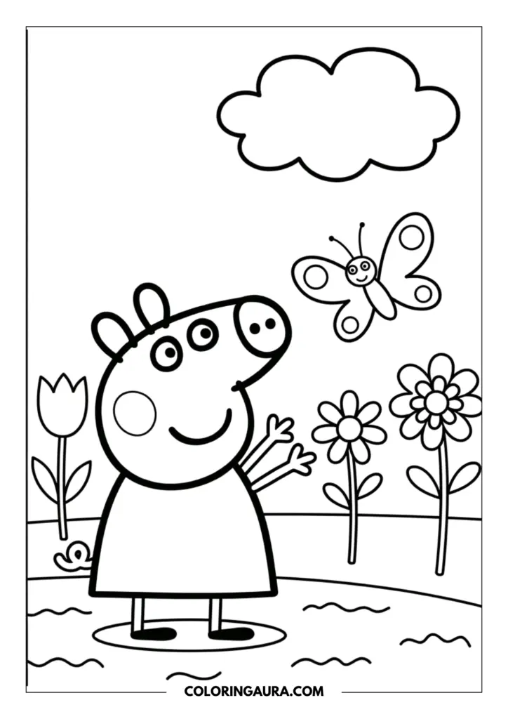 Line art coloring page showing Peppa Pig in a garden reaching out to a friendly butterfly fluttering near large blooming flowers under a fluffy cloud.