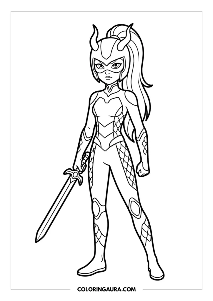 Line art coloring page showing a brave dragon superhero with horns and a long ponytail, wearing a scale-patterned suit and holding a sharp sword by her side.