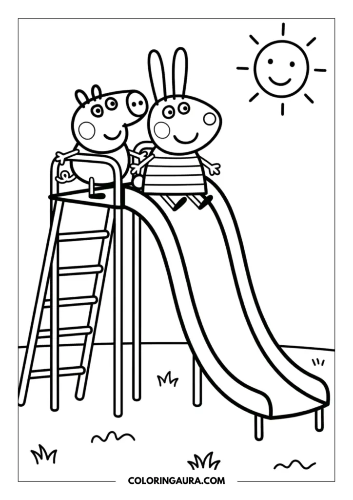 Outline of Peppa Pig and her little brother George sitting happily at the top of a tall playground slide under a warm, smiling sun.
